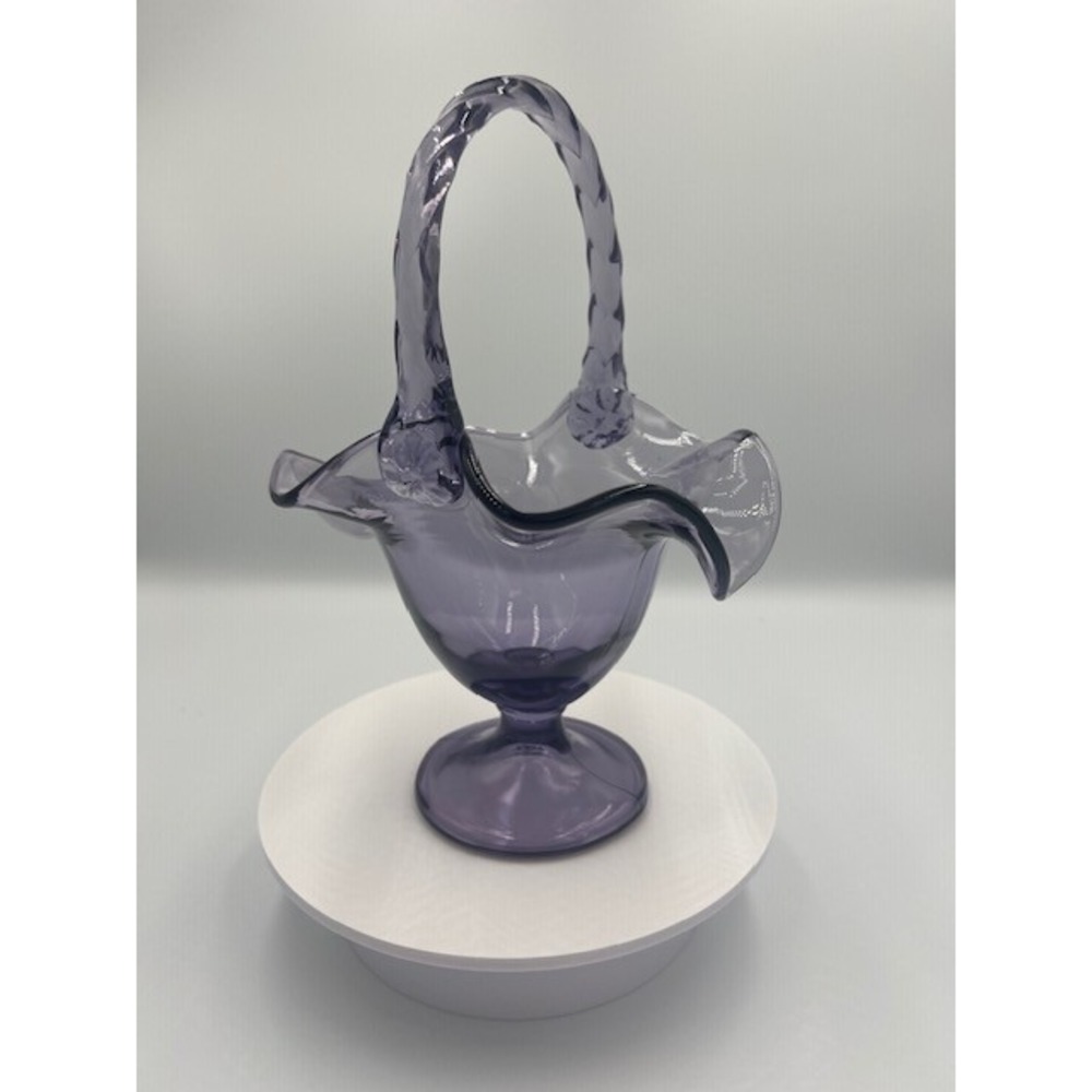 Fenton Wisteria Purple Ruffled Art Glass Basket Twisted Handle Logo Stamp RARE